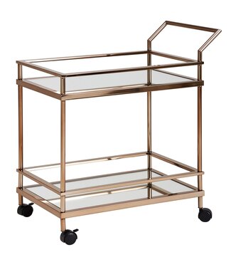 Wohnling Design Serveerwagen Donker Goud 2 Niveaus met Remmen, Bijzettafel op Wielen, Dinerwagen met Glasplaat, Keukenwagen, Theewagen