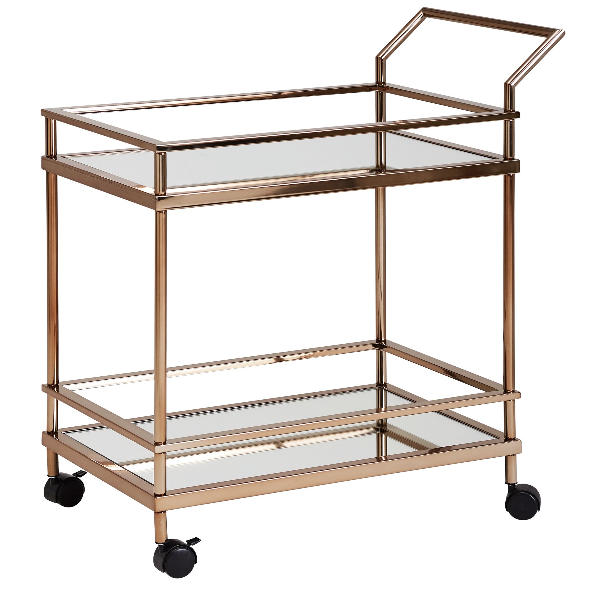 Design Serveerwagen Donker Goud 2 Niveaus met Remmen, Bijzettafel op Wielen, Dinerwagen met Glasplaat, Keukenwagen, Theewagen