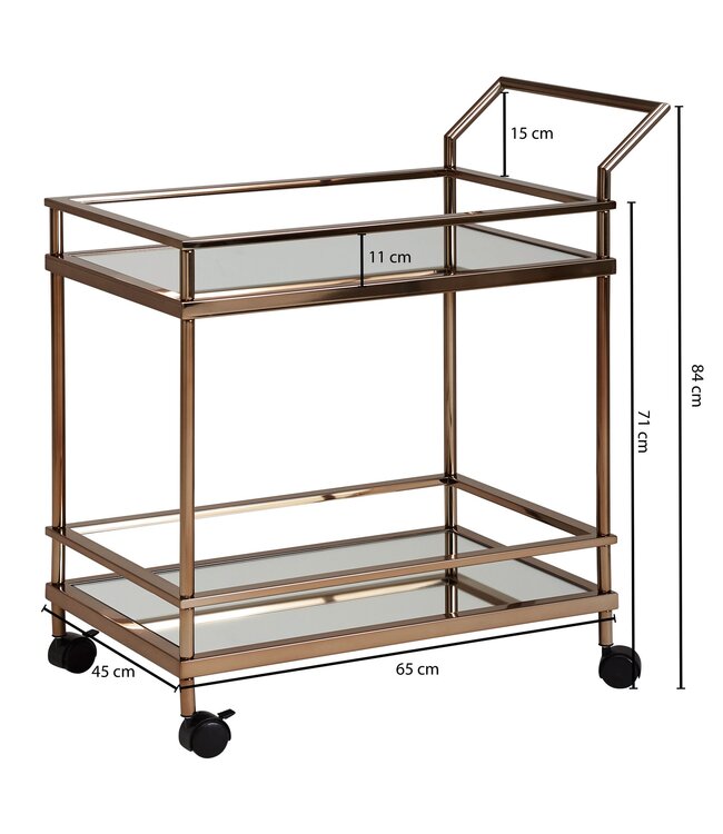 Wohnling Design Serveerwagen Donker Goud 2 Niveaus met Remmen, Bijzettafel op Wielen, Dinerwagen met Glasplaat, Keukenwagen, Theewagen