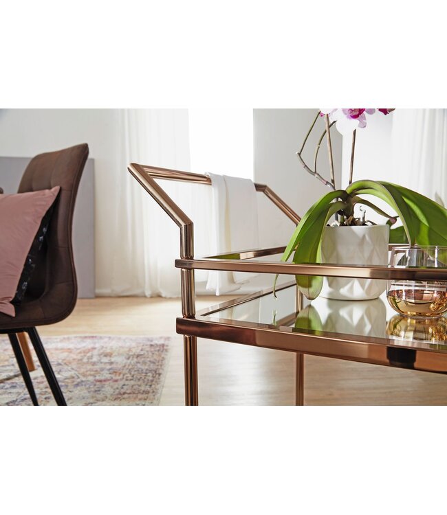 Wohnling Design Serveerwagen Donker Goud 2 Niveaus met Remmen, Bijzettafel op Wielen, Dinerwagen met Glasplaat, Keukenwagen, Theewagen