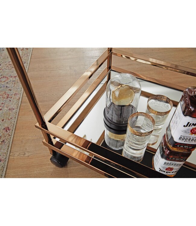 Wohnling Design Serveerwagen Donker Goud 2 Niveaus met Remmen, Bijzettafel op Wielen, Dinerwagen met Glasplaat, Keukenwagen, Theewagen