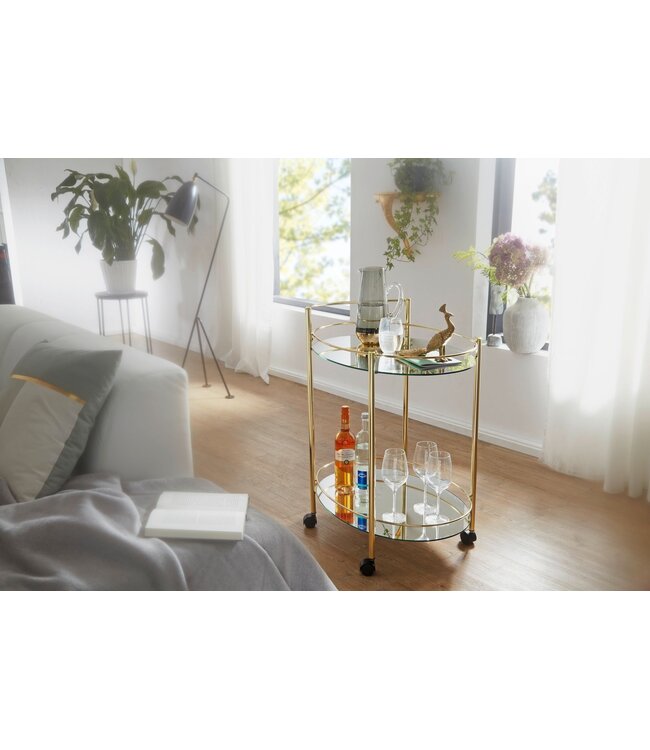 Wohnling design serveerwagen goud 67x79 cm Mobile Mini Bar | Bijzettafel op wielen Restauratierijtuig met witglazen blad Keukenwagen | Theewagen met matglas