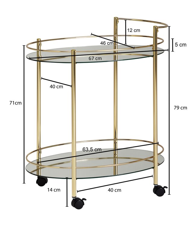 Wohnling design serveerwagen goud 67x79 cm Mobile Mini Bar | Bijzettafel op wielen Restauratierijtuig met witglazen blad Keukenwagen | Theewagen met matglas