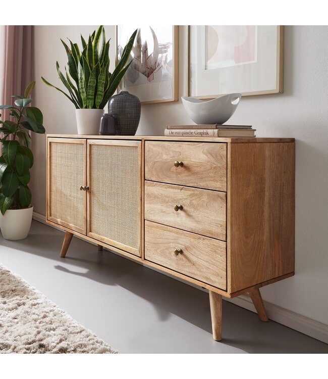 Wohnling design dressoir 140x75x40 cm massief mangohout | Ladekast met 3 lades | Hoge ladekast van massief hout | Staande kast woonkamer | 2 deurvakken