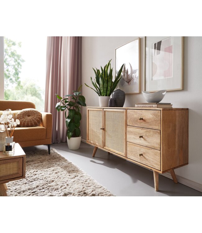 Wohnling design dressoir 140x75x40 cm massief mangohout | Ladekast met 3 lades | Hoge ladekast van massief hout | Staande kast woonkamer | 2 deurvakken