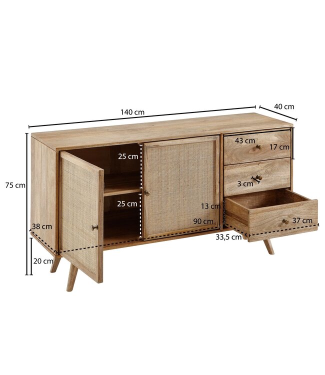 Wohnling design dressoir 140x75x40 cm massief mangohout | Ladekast met 3 lades | Hoge ladekast van massief hout | Staande kast woonkamer | 2 deurvakken