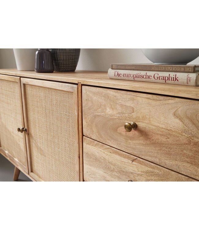 Wohnling design dressoir 140x75x40 cm massief mangohout | Ladekast met 3 lades | Hoge ladekast van massief hout | Staande kast woonkamer | 2 deurvakken