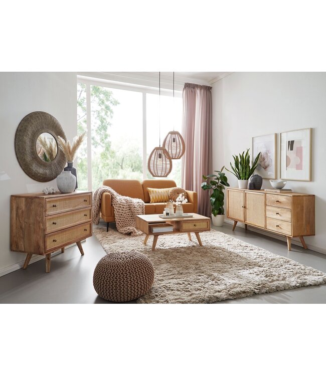 Wohnling design dressoir 140x75x40 cm massief mangohout | Ladekast met 3 lades | Hoge ladekast van massief hout | Staande kast woonkamer | 2 deurvakken