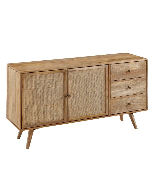 Wohnling design dressoir 140x75x40 cm massief mangohout | Ladekast met 3 lades | Hoge ladekast van massief hout | Staande kast woonkamer | 2 deurvakken