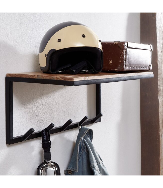Wohnling design kapstok acacia massief hout / metaal 70x27x30 cm | Haakrail met plank | Hal garderobe garderobe muur hout