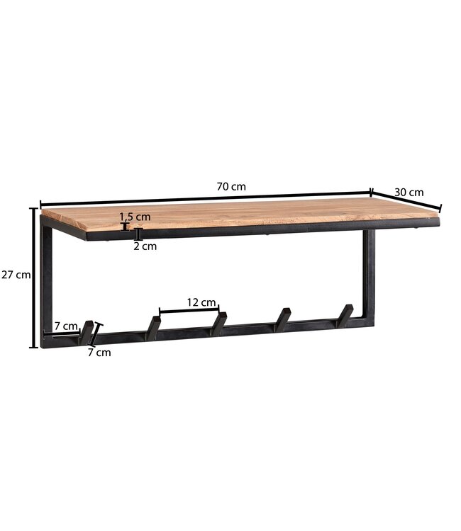 Wohnling design kapstok acacia massief hout / metaal 70x27x30 cm | Haakrail met plank | Hal garderobe garderobe muur hout