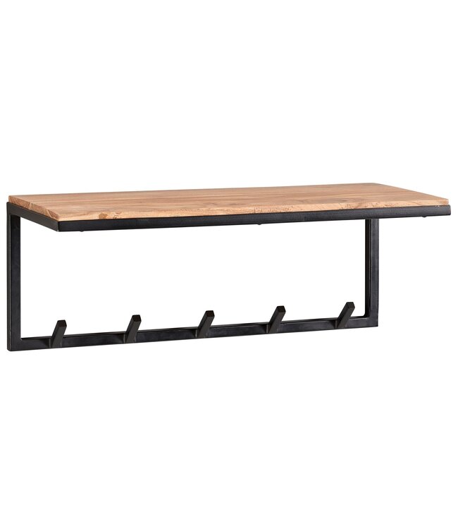 Wohnling design kapstok acacia massief hout / metaal 70x27x30 cm | Haakrail met plank | Hal garderobe garderobe muur hout