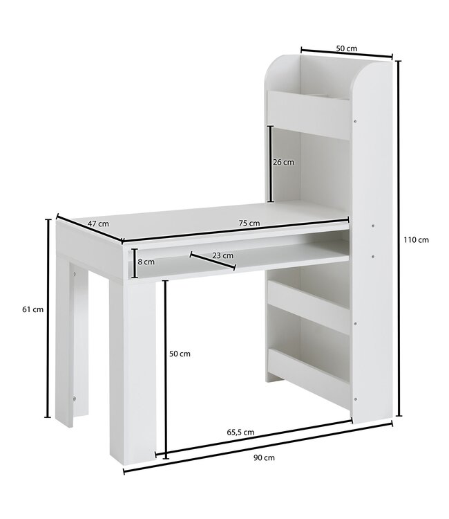 Wohnling wit 90x50x110 cm schildertafel kinderkamer met plank | Kindertafel modern | Studentenbureau met opbergruimte | Schoolbank smal