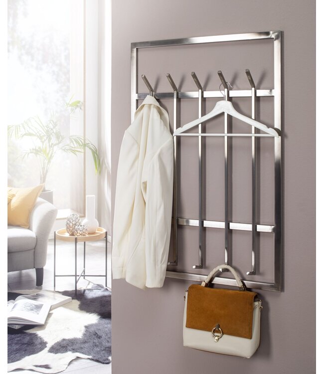 Wohnling metaal zilver 60x100x7,5 cm design hal kapstok staal | Wandpaneel haakrail | Garderobemuur | Kapstok gang