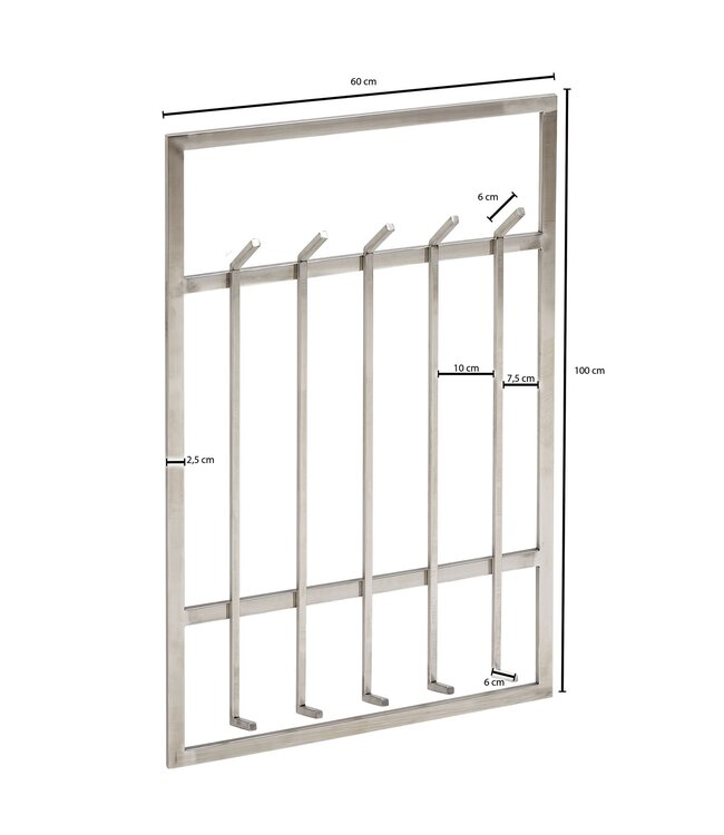 Wohnling metaal zilver 60x100x7,5 cm design hal kapstok staal | Wandpaneel haakrail | Garderobemuur | Kapstok gang
