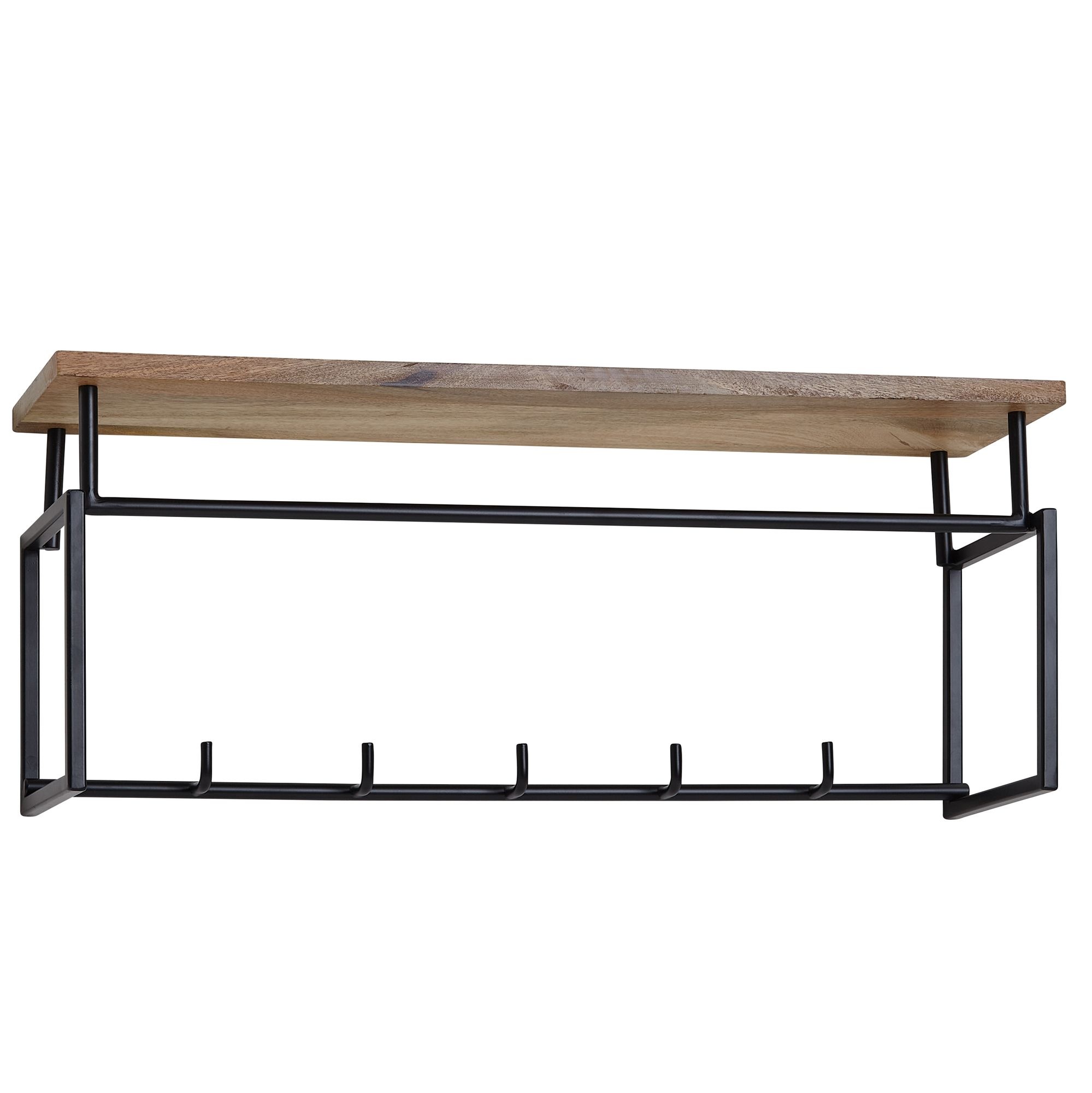 design wandgarderobe mango massief hout metaal 71x29x20 cm | Haakstang met plank en kledingroede | H