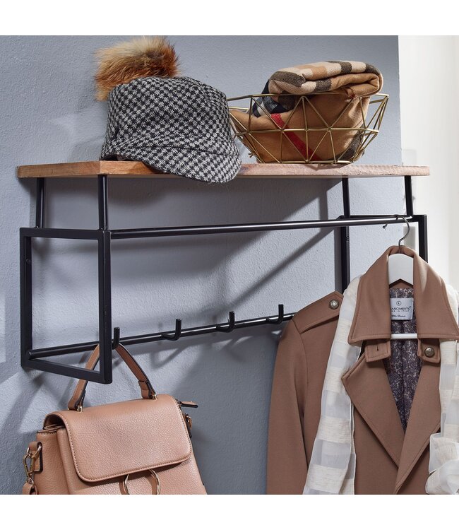 Wohnling design wandgarderobe mango massief hout metaal 71x29x20 cm | Haakstang met plank en kledingroede | Hal garderobe garderobe wand hout
