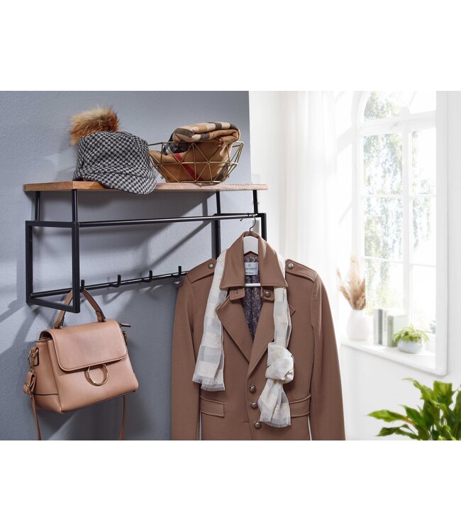 Wohnling design wandgarderobe mango massief hout metaal 71x29x20 cm | Haakstang met plank en kledingroede | Hal garderobe garderobe wand hout
