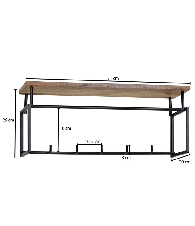 Wohnling design wandgarderobe mango massief hout metaal 71x29x20 cm | Haakstang met plank en kledingroede | Hal garderobe garderobe wand hout