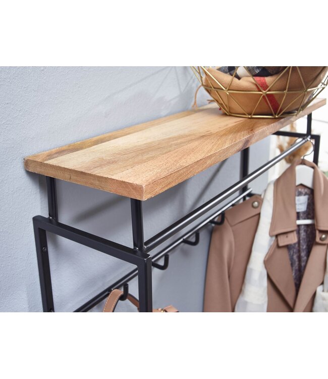 Wohnling design wandgarderobe mango massief hout metaal 71x29x20 cm | Haakstang met plank en kledingroede | Hal garderobe garderobe wand hout