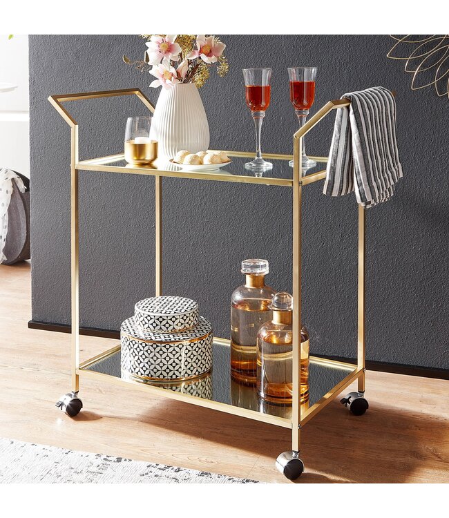 Wohnling design serveerwagen goud 73x78x37 cm keukenwagen glas/metaal | Mobiele bijzettafel | Restauratiewagen met glazen blad | Minibar theewagen op 4 wielen