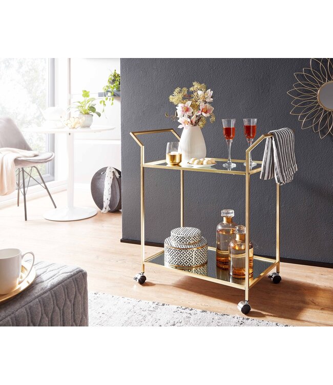 Wohnling design serveerwagen goud 73x78x37 cm keukenwagen glas/metaal | Mobiele bijzettafel | Restauratiewagen met glazen blad | Minibar theewagen op 4 wielen