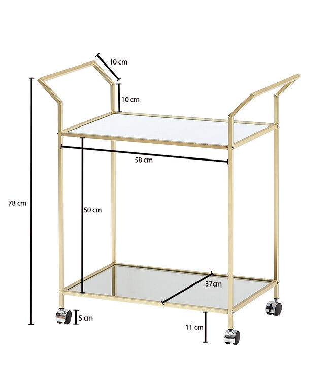 Wohnling design serveerwagen goud 73x78x37 cm keukenwagen glas/metaal | Mobiele bijzettafel | Restauratiewagen met glazen blad | Minibar theewagen op 4 wielen