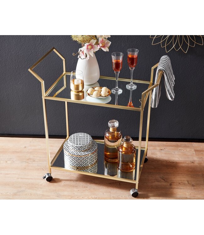 Wohnling design serveerwagen goud 73x78x37 cm keukenwagen glas/metaal | Mobiele bijzettafel | Restauratiewagen met glazen blad | Minibar theewagen op 4 wielen