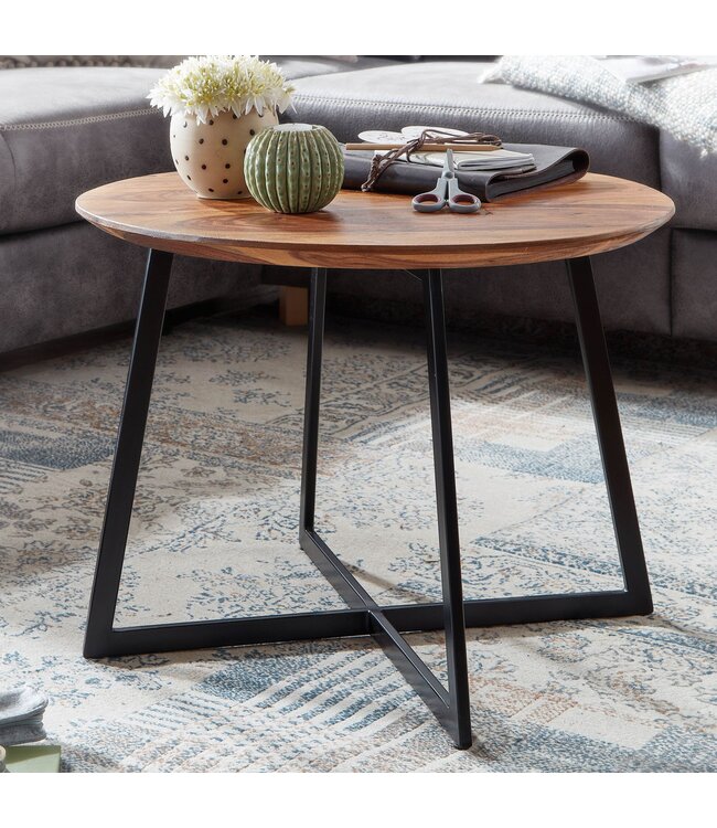 Wohnling salontafel 60x60x45 cm massief sheeshamhout / metalen salontafel rond | Design salontafel salontafel massief | Kleine tafel bijzettafel woonkamer modern