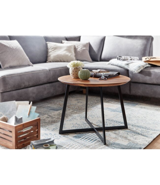 Wohnling salontafel 60x60x45 cm massief sheeshamhout / metalen salontafel rond | Design salontafel salontafel massief | Kleine tafel bijzettafel woonkamer modern