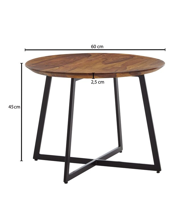 Wohnling salontafel 60x60x45 cm massief sheeshamhout / metalen salontafel rond | Design salontafel salontafel massief | Kleine tafel bijzettafel woonkamer modern