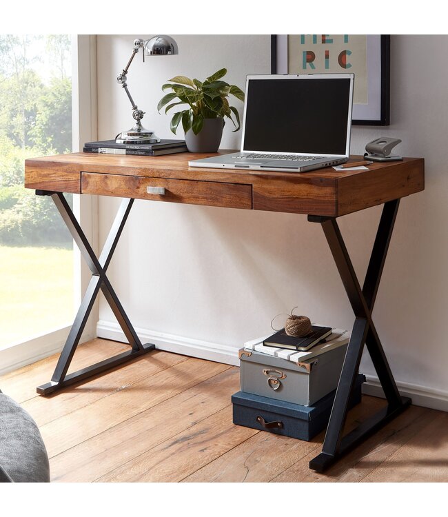 Wohnling bureau 120x55x78 cm massief sheeshamhout / metaal zwart | Design bureautafel met lades | Thuiskantoor laptop tafel computertafel met opbergruimte