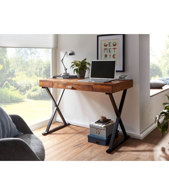 Wohnling bureau 120x55x78 cm massief sheeshamhout / metaal zwart | Design bureautafel met lades | Thuiskantoor laptop tafel computertafel met opbergruimte