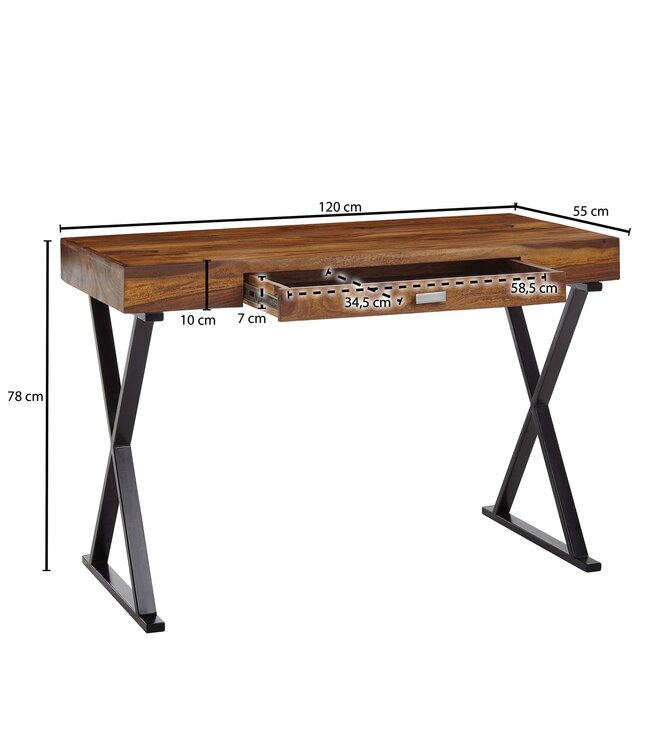 Wohnling bureau 120x55x78 cm massief sheeshamhout / metaal zwart | Design bureautafel met lades | Thuiskantoor laptop tafel computertafel met opbergruimte