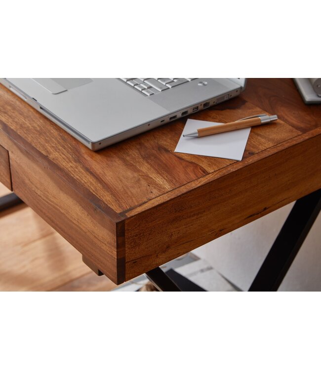 Wohnling bureau 120x55x78 cm massief sheeshamhout / metaal zwart | Design bureautafel met lades | Thuiskantoor laptop tafel computertafel met opbergruimte