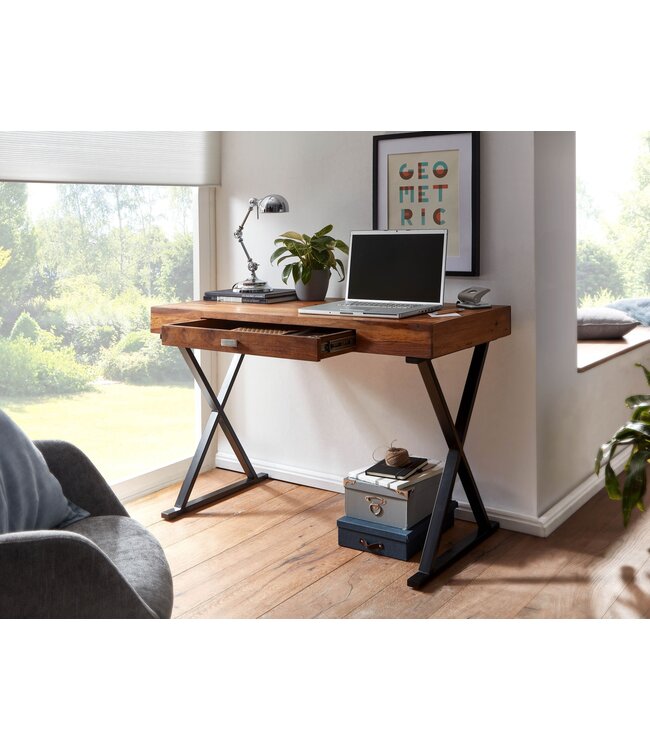 Wohnling bureau 120x55x78 cm massief sheeshamhout / metaal zwart | Design bureautafel met lades | Thuiskantoor laptop tafel computertafel met opbergruimte
