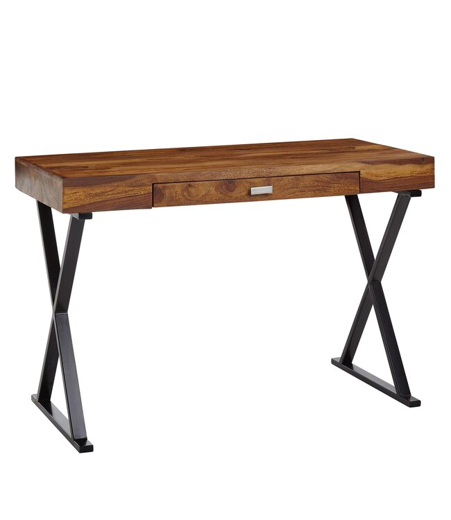 Wohnling bureau 120x55x78 cm massief sheeshamhout / metaal zwart | Design bureautafel met lades | Thuiskantoor laptop tafel computertafel met opbergruimte