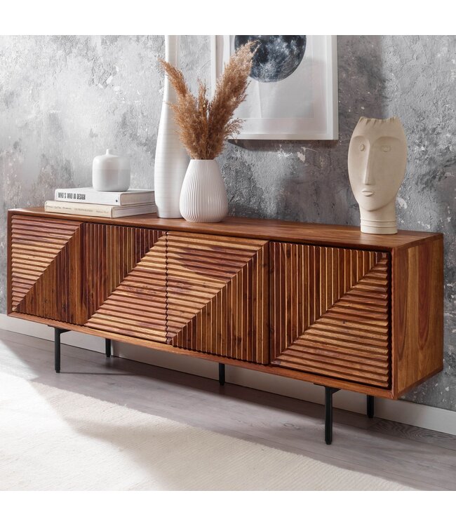 Wohnling lowboard massief sheeshamhout 140x54x33 cm TV-dressoir met vier deuren | Design TV meubel hoog | TV meubel TV meubel modern | TV dressoir woonkamer