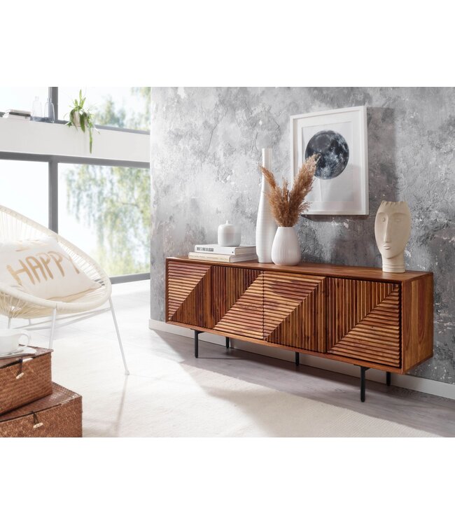 Wohnling lowboard massief sheeshamhout 140x54x33 cm TV-dressoir met vier deuren | Design TV meubel hoog | TV meubel TV meubel modern | TV dressoir woonkamer