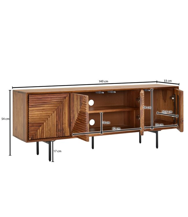 Wohnling lowboard massief sheeshamhout 140x54x33 cm TV-dressoir met vier deuren | Design TV meubel hoog | TV meubel TV meubel modern | TV dressoir woonkamer