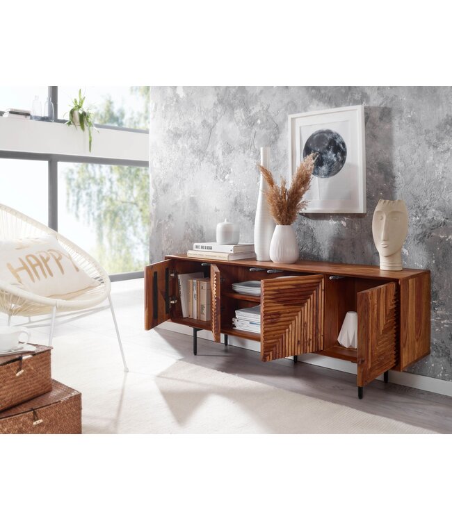 Wohnling lowboard massief sheeshamhout 140x54x33 cm TV-dressoir met vier deuren | Design TV meubel hoog | TV meubel TV meubel modern | TV dressoir woonkamer