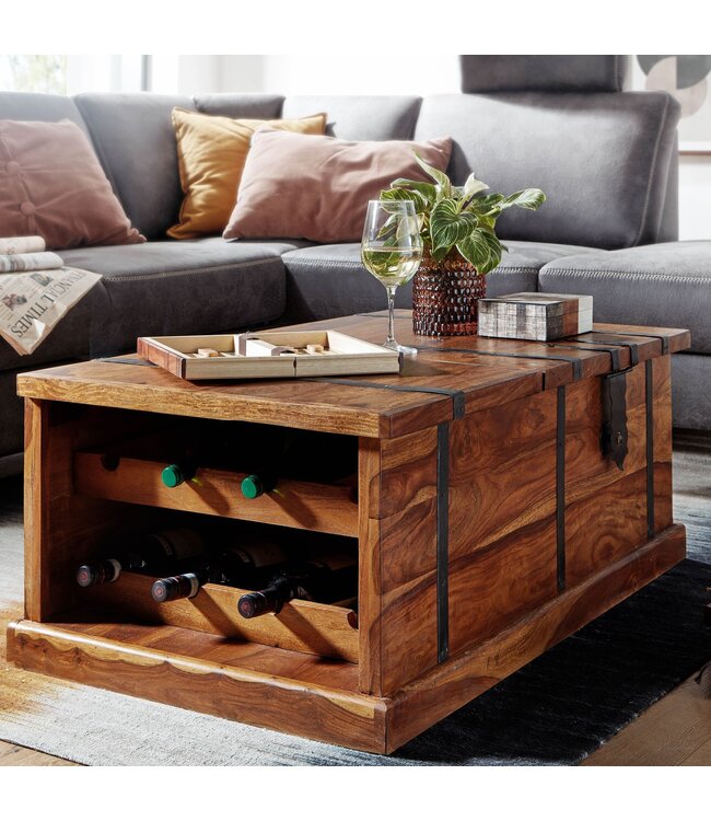 Wohnling salontafel 100x60x40 cm massief sheeshamhouten kisttafel met wijnrek | Design salontafel met opbergruimte | Salontafel salontafel modern | houten tafel woonkamer