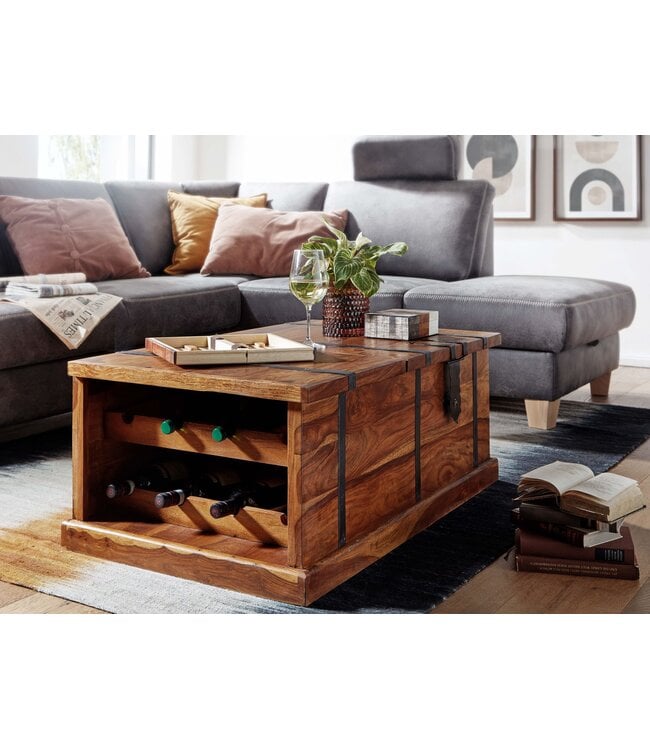 Wohnling salontafel 100x60x40 cm massief sheeshamhouten kisttafel met wijnrek | Design salontafel met opbergruimte | Salontafel salontafel modern | houten tafel woonkamer
