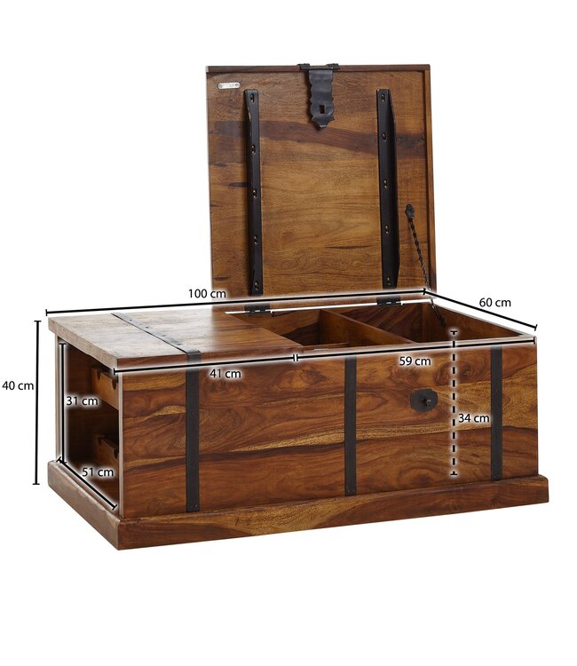 Wohnling salontafel 100x60x40 cm massief sheeshamhouten kisttafel met wijnrek | Design salontafel met opbergruimte | Salontafel salontafel modern | houten tafel woonkamer
