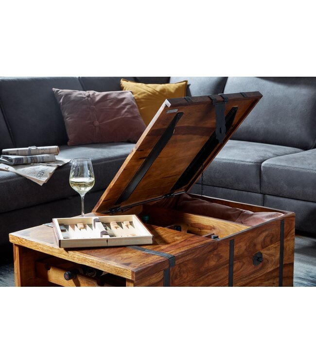 Wohnling salontafel 100x60x40 cm massief sheeshamhouten kisttafel met wijnrek | Design salontafel met opbergruimte | Salontafel salontafel modern | houten tafel woonkamer