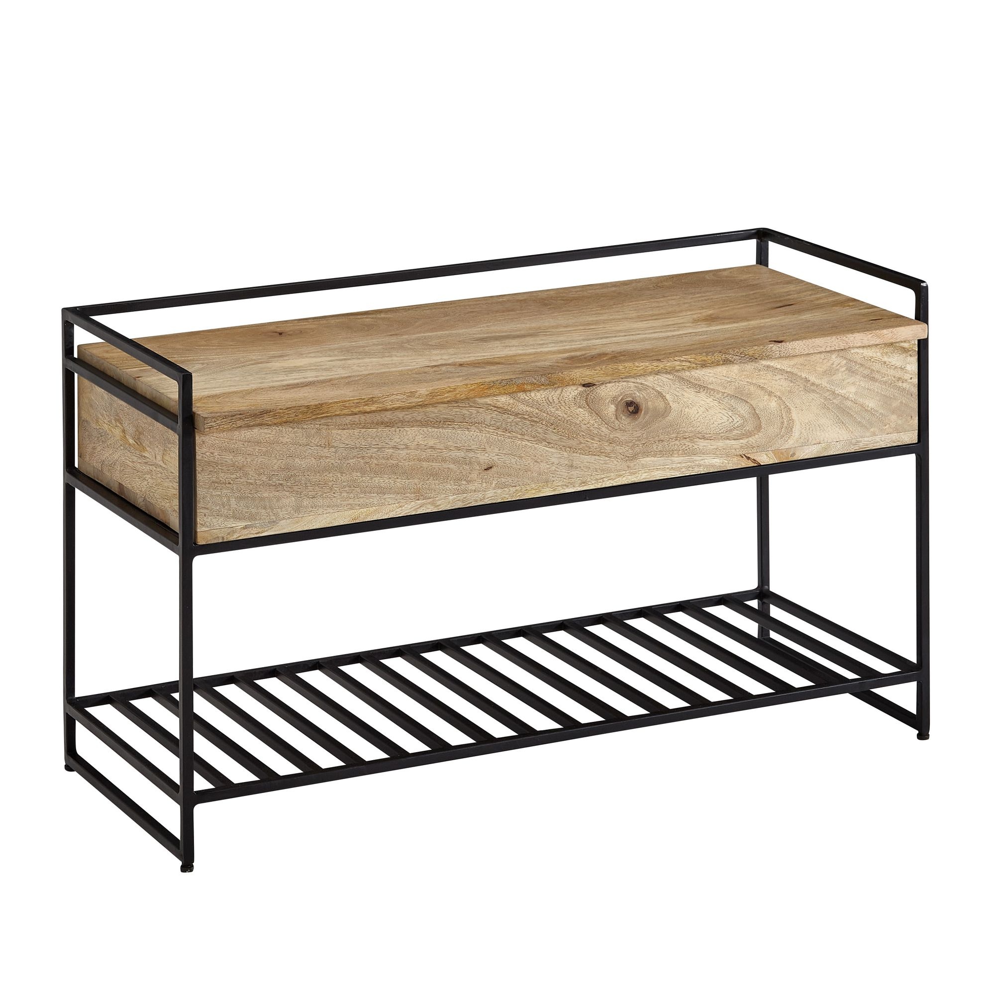 Bank met Opbergruimte 90x52x38 cm Mango Massief Hout / Metalen Bruin | Gangbank Schoenenbank met Zit
