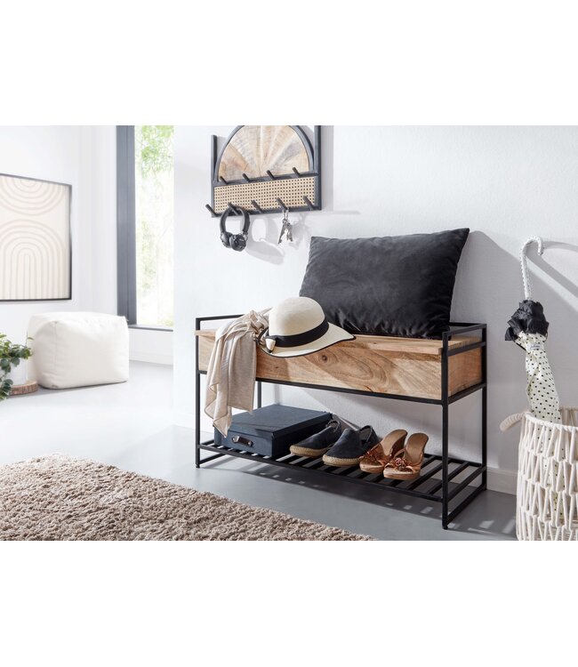 Wohnling Bank met Opbergruimte 90x52x38 cm Mango Massief Hout / Metalen Bruin | Gangbank Schoenenbank met Zitje Klein | Smalle Garderobebank met Schoenenrek