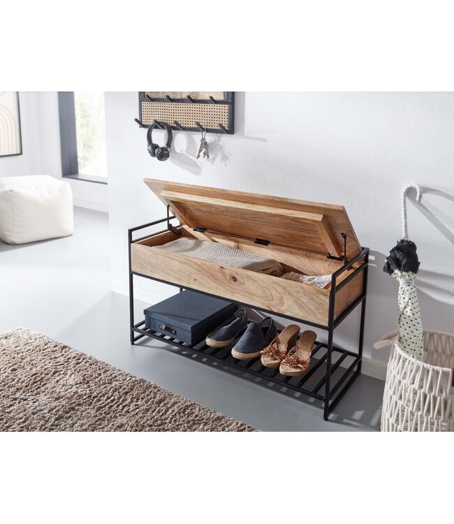 Wohnling Bank met Opbergruimte 90x52x38 cm Mango Massief Hout / Metalen Bruin | Gangbank Schoenenbank met Zitje Klein | Smalle Garderobebank met Schoenenrek