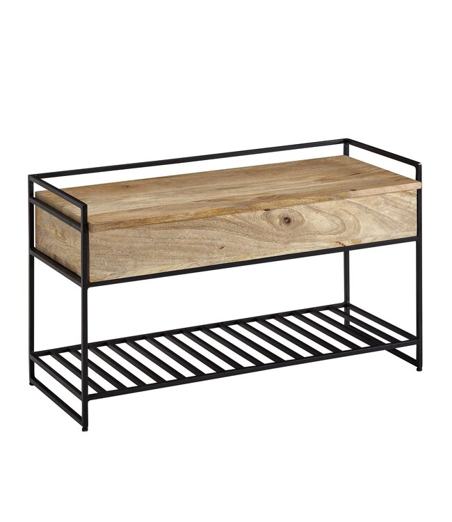 Wohnling Bank met Opbergruimte 90x52x38 cm Mango Massief Hout / Metalen Bruin | Gangbank Schoenenbank met Zitje Klein | Smalle Garderobebank met Schoenenrek