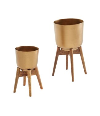 Wohnling Bloempot Set van 2 Metalen / Massief Houten Plantenbakken Goud met Voetjes | Design Plantenbak Rond
